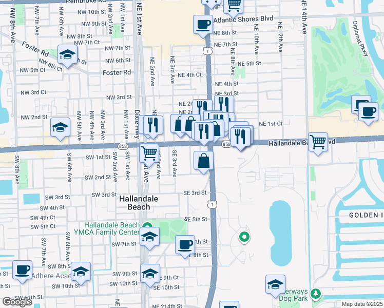 map of restaurants, bars, coffee shops, grocery stores, and more near 110 Southeast 5th Avenue in Hallandale Beach