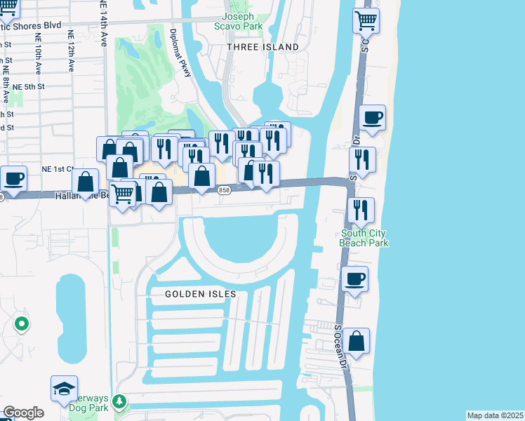 map of restaurants, bars, coffee shops, grocery stores, and more near 2300 Diana Drive in Hallandale Beach