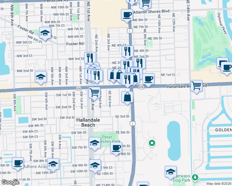 map of restaurants, bars, coffee shops, grocery stores, and more near 30 Southeast 4th Avenue in Hallandale Beach