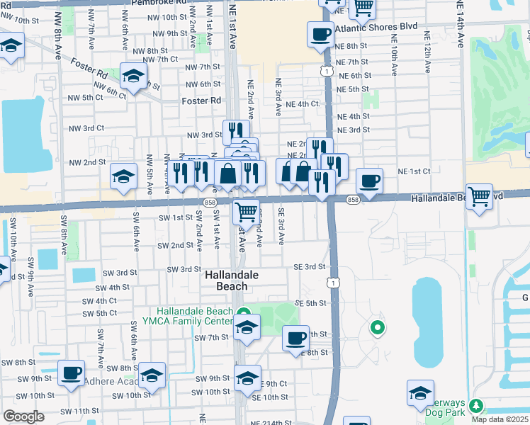 map of restaurants, bars, coffee shops, grocery stores, and more near 105 Southeast 2nd Avenue in Hallandale Beach