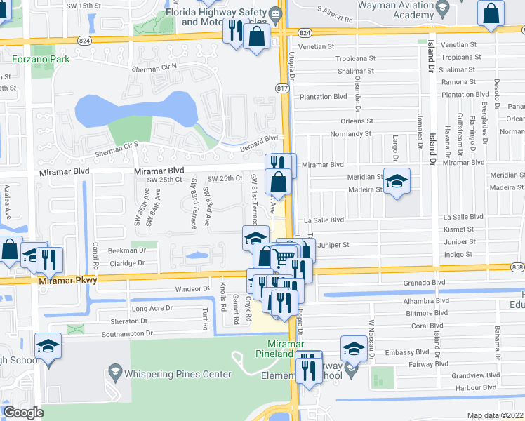 map of restaurants, bars, coffee shops, grocery stores, and more near 8156 Southwest 29th Street in Miramar