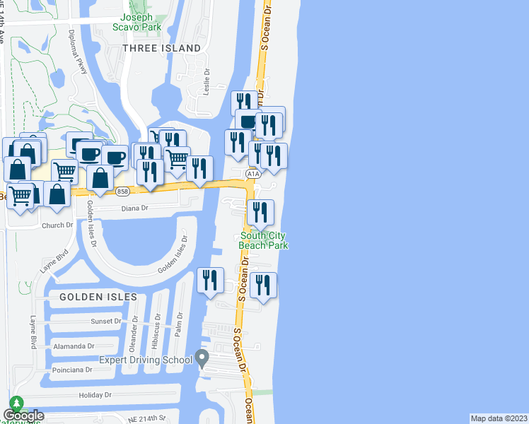 map of restaurants, bars, coffee shops, grocery stores, and more near 1830 South Ocean Drive in Hallandale Beach