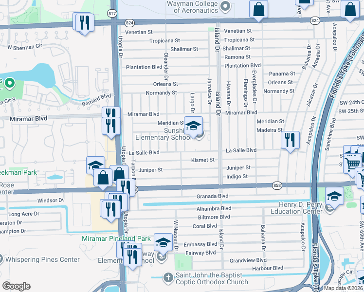 map of restaurants, bars, coffee shops, grocery stores, and more near 7790 La Salle Boulevard in Miramar