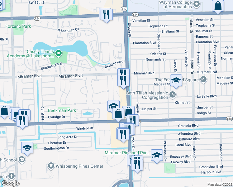map of restaurants, bars, coffee shops, grocery stores, and more near 2802 Southwest 81st Avenue in Miramar