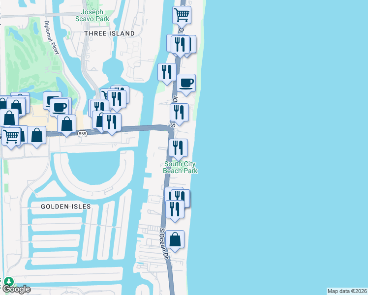 map of restaurants, bars, coffee shops, grocery stores, and more near 1830 South Ocean Drive in Hallandale Beach