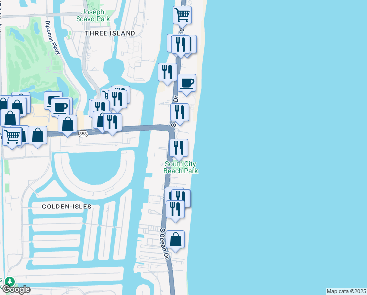map of restaurants, bars, coffee shops, grocery stores, and more near 1830 South Ocean Drive in Hallandale Beach