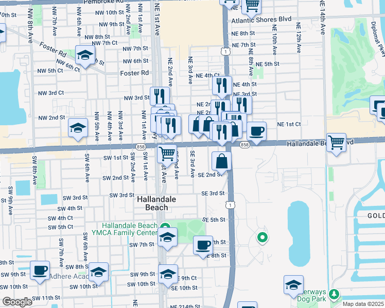 map of restaurants, bars, coffee shops, grocery stores, and more near 41 Southeast 3rd Avenue in Hallandale Beach