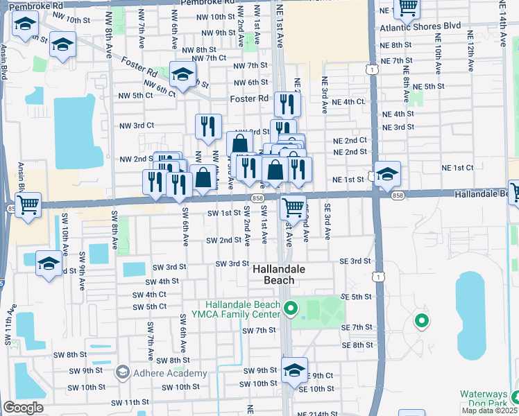 map of restaurants, bars, coffee shops, grocery stores, and more near 102 Southwest 1st Avenue in Hallandale Beach