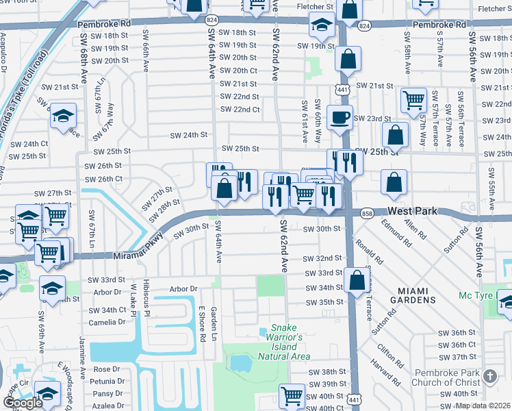 map of restaurants, bars, coffee shops, grocery stores, and more near 6240 Florida 858 in Miramar