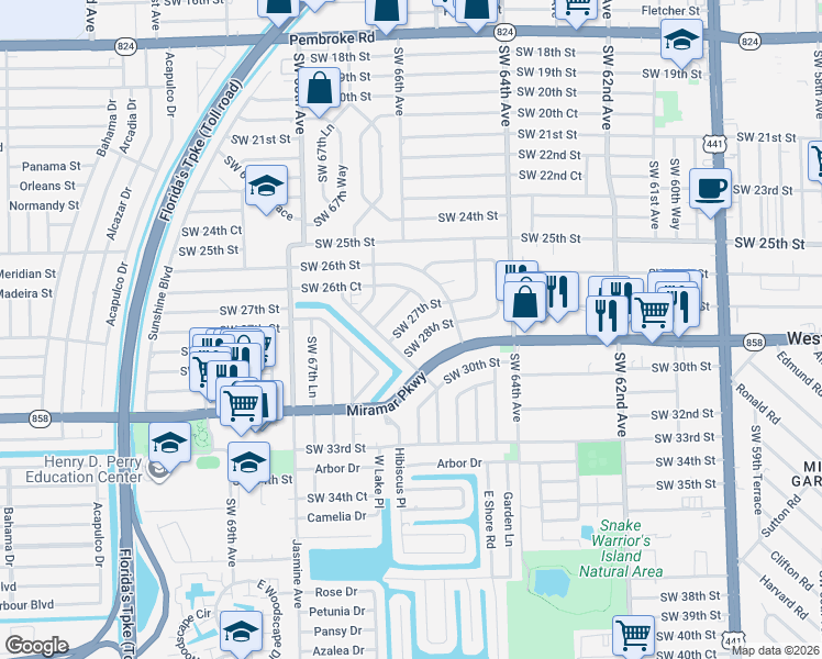 map of restaurants, bars, coffee shops, grocery stores, and more near 6557 Southwest 28th Street in Miramar