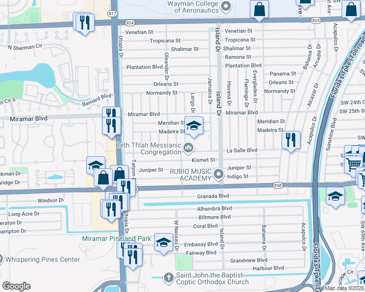 map of restaurants, bars, coffee shops, grocery stores, and more near 7790 La Salle Boulevard in Miramar