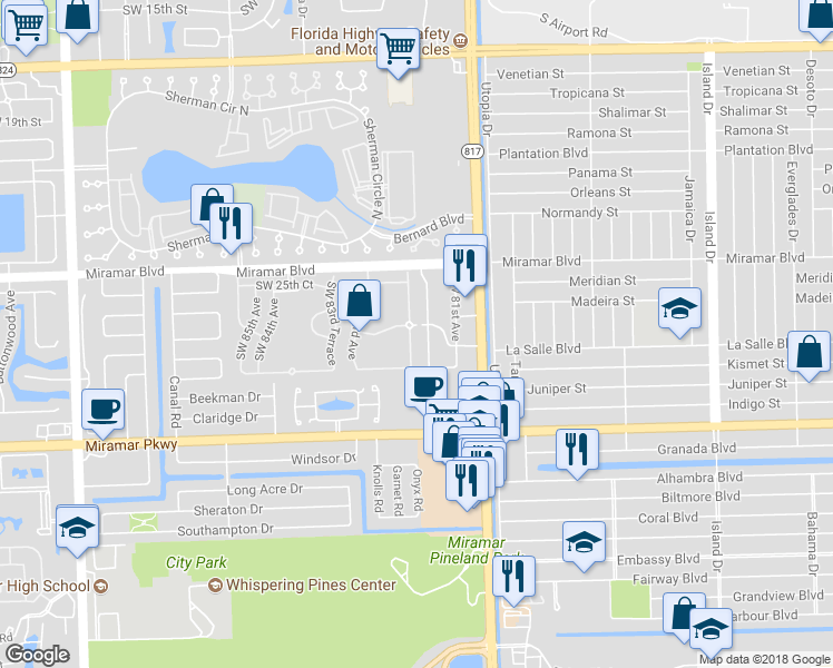 map of restaurants, bars, coffee shops, grocery stores, and more near 2773 Southwest 82nd Avenue in Miramar