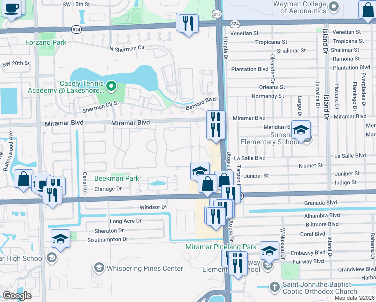map of restaurants, bars, coffee shops, grocery stores, and more near 2773 Southwest 82nd Avenue in Miramar