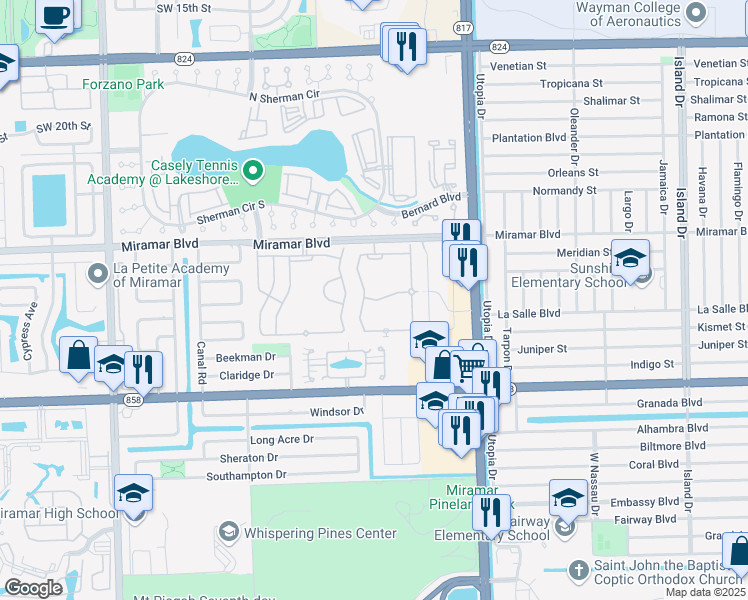 map of restaurants, bars, coffee shops, grocery stores, and more near 8268 Southwest 27th Street in Miramar