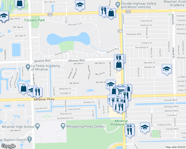 map of restaurants, bars, coffee shops, grocery stores, and more near 2741 Southwest 83rd Terrace in Miramar