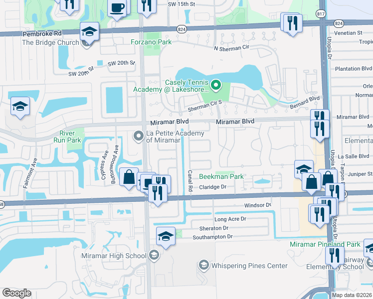 map of restaurants, bars, coffee shops, grocery stores, and more near 8660 South Sutton Drive in Miramar