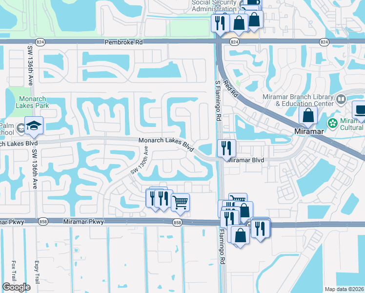 map of restaurants, bars, coffee shops, grocery stores, and more near 11503 Southwest 26th Street in Miramar
