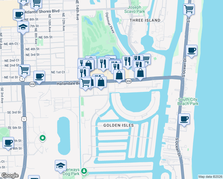 map of restaurants, bars, coffee shops, grocery stores, and more near 150 Layne Boulevard in Hallandale Beach