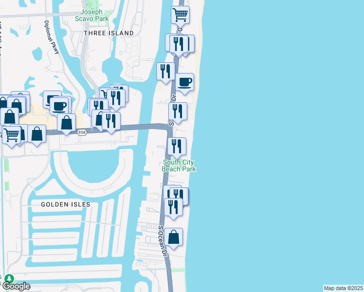 map of restaurants, bars, coffee shops, grocery stores, and more near 1830 South Ocean Drive in Hallandale Beach