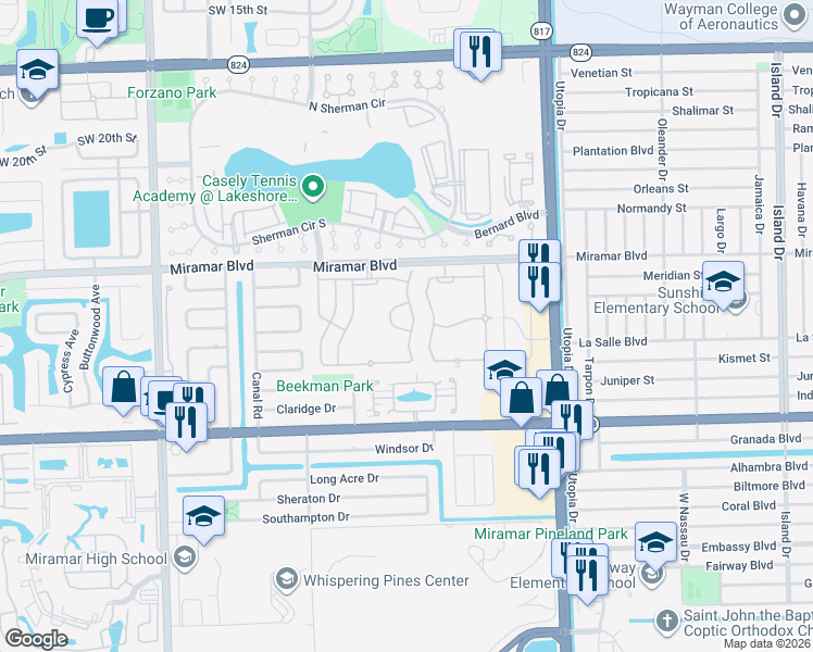 map of restaurants, bars, coffee shops, grocery stores, and more near 2666 Southwest 83rd Terrace in Miramar