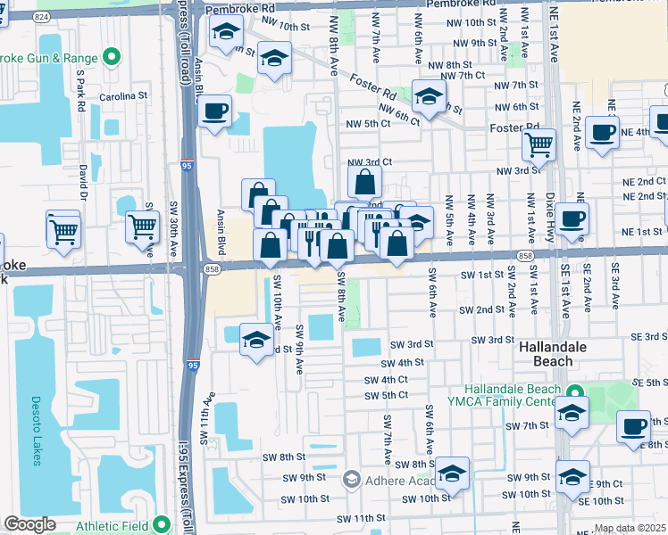 map of restaurants, bars, coffee shops, grocery stores, and more near 10 Southwest 8th Avenue in Hallandale Beach
