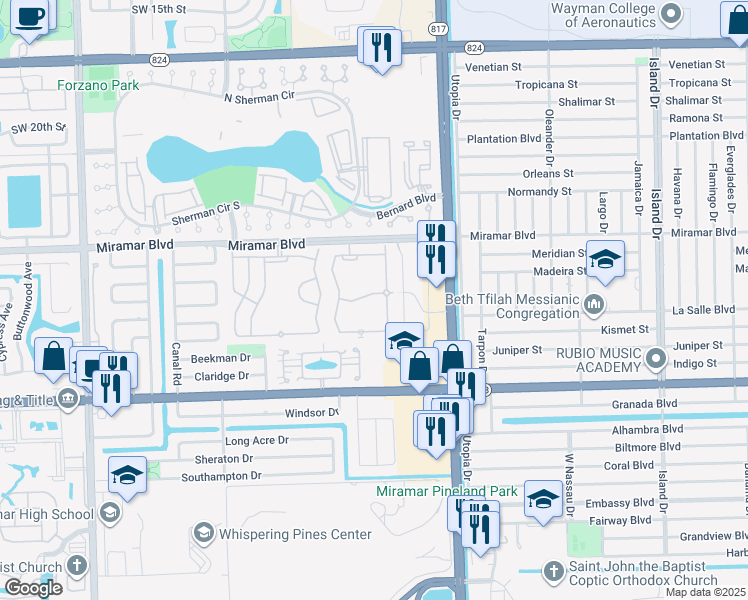 map of restaurants, bars, coffee shops, grocery stores, and more near 2773 Southwest 82nd Avenue in Miramar