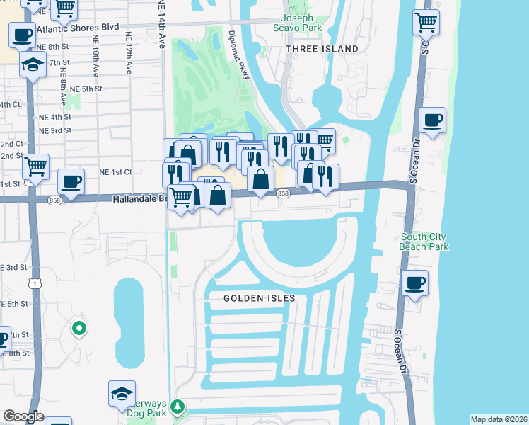 map of restaurants, bars, coffee shops, grocery stores, and more near 468 Golden Isles Drive in Hallandale Beach