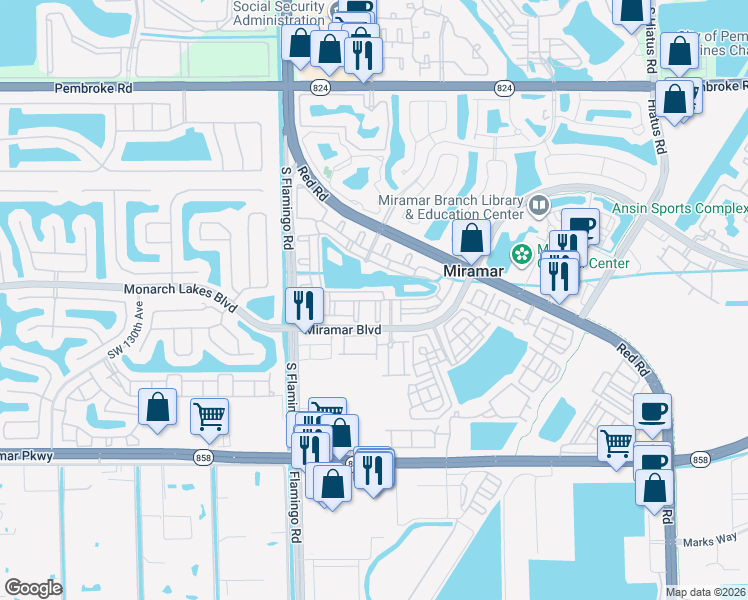 map of restaurants, bars, coffee shops, grocery stores, and more near 2512 Centergate Drive in Miramar