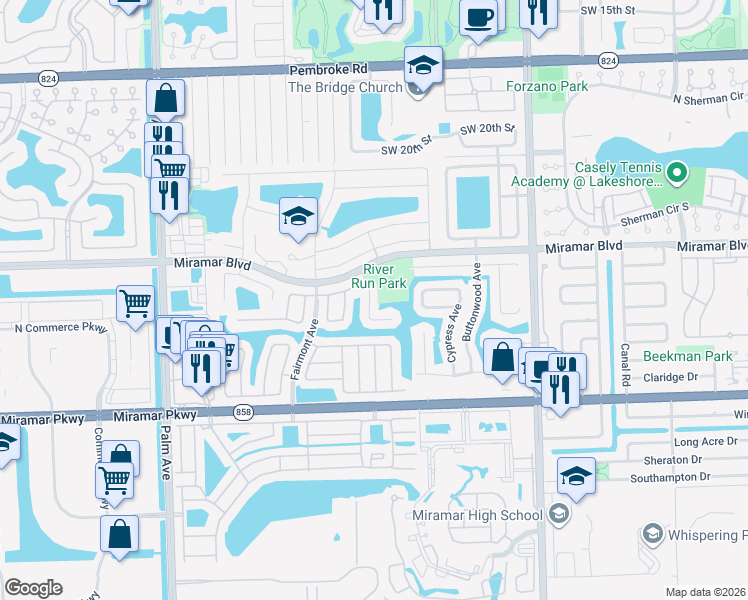 map of restaurants, bars, coffee shops, grocery stores, and more near 2821 Huron Way in Miramar