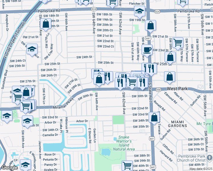 map of restaurants, bars, coffee shops, grocery stores, and more near 6330 Miramar Parkway in Miramar