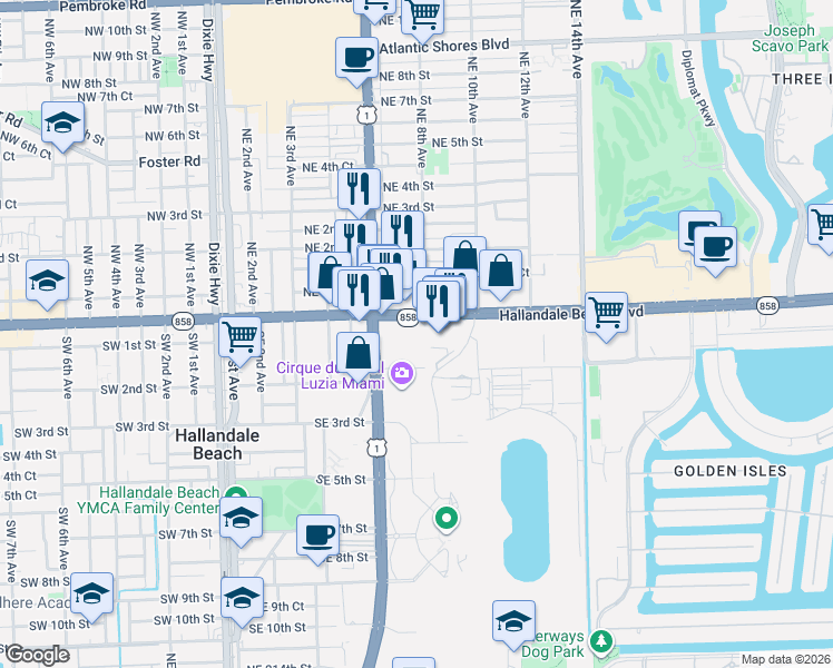map of restaurants, bars, coffee shops, grocery stores, and more near in Hallandale Beach