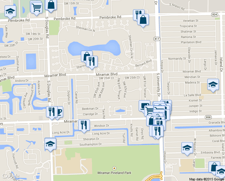 map of restaurants, bars, coffee shops, grocery stores, and more near Southwest 84th Avenue in Miramar