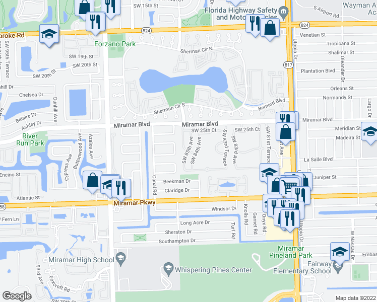 map of restaurants, bars, coffee shops, grocery stores, and more near 2748 Southwest 84th Terrace in Miramar