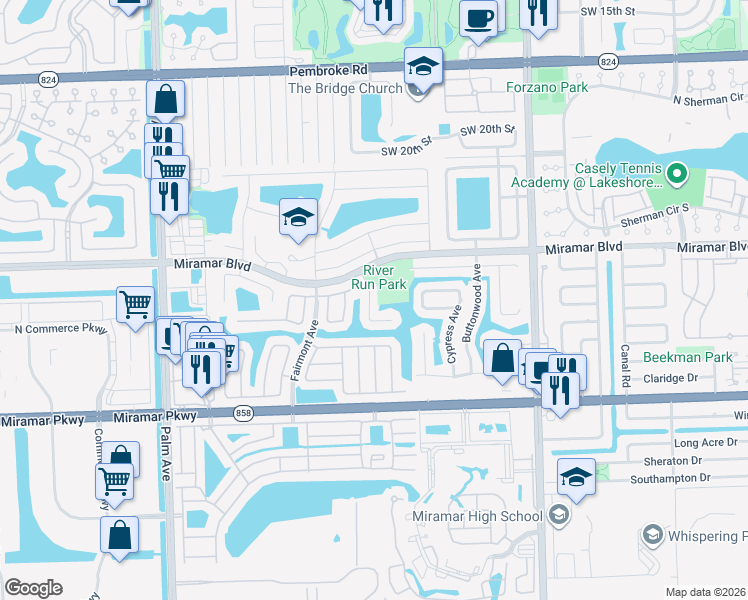 map of restaurants, bars, coffee shops, grocery stores, and more near 2821 Huron Way in Miramar
