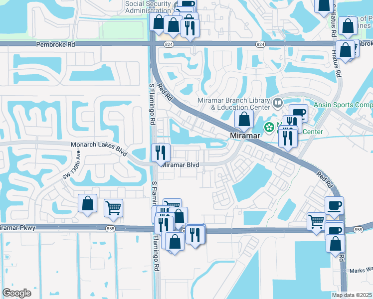 map of restaurants, bars, coffee shops, grocery stores, and more near 2548 Centergate Drive in Miramar