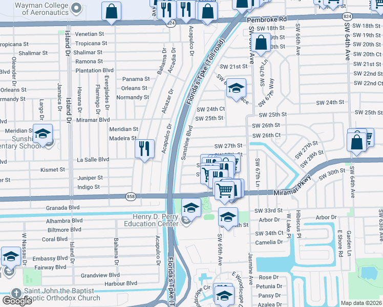 map of restaurants, bars, coffee shops, grocery stores, and more near 7000 Southwest 27th Court in Miramar