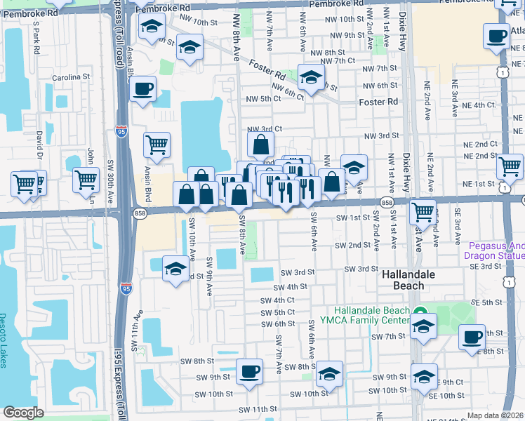 map of restaurants, bars, coffee shops, grocery stores, and more near 716 Southwest 1st Street in Hallandale Beach