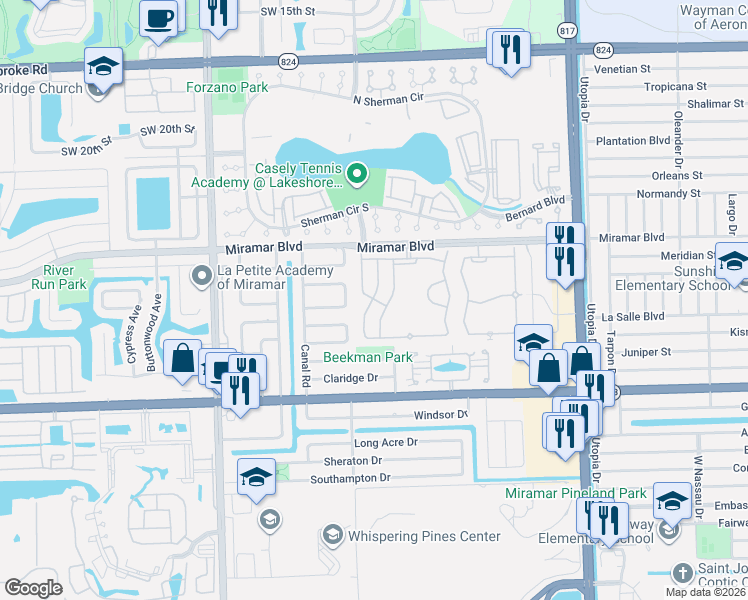 map of restaurants, bars, coffee shops, grocery stores, and more near 2748 Southwest 84th Terrace in Miramar