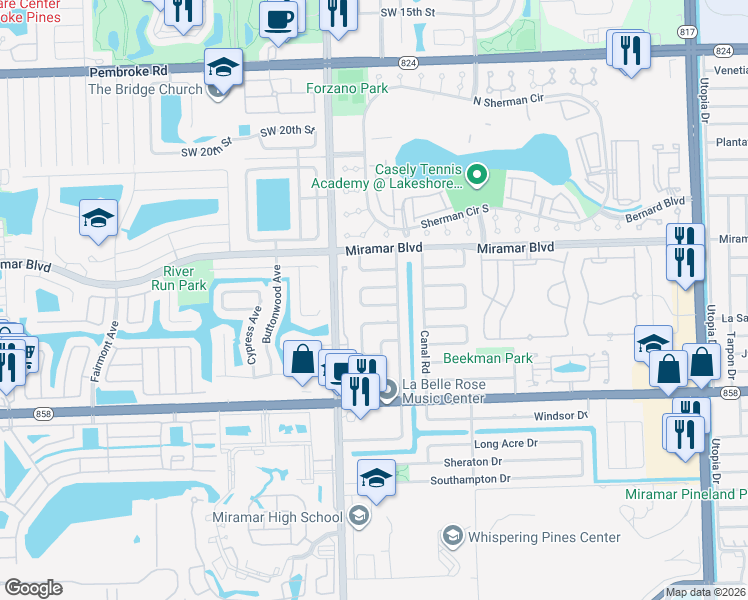 map of restaurants, bars, coffee shops, grocery stores, and more near 8840 South Bermuda Drive in Miramar
