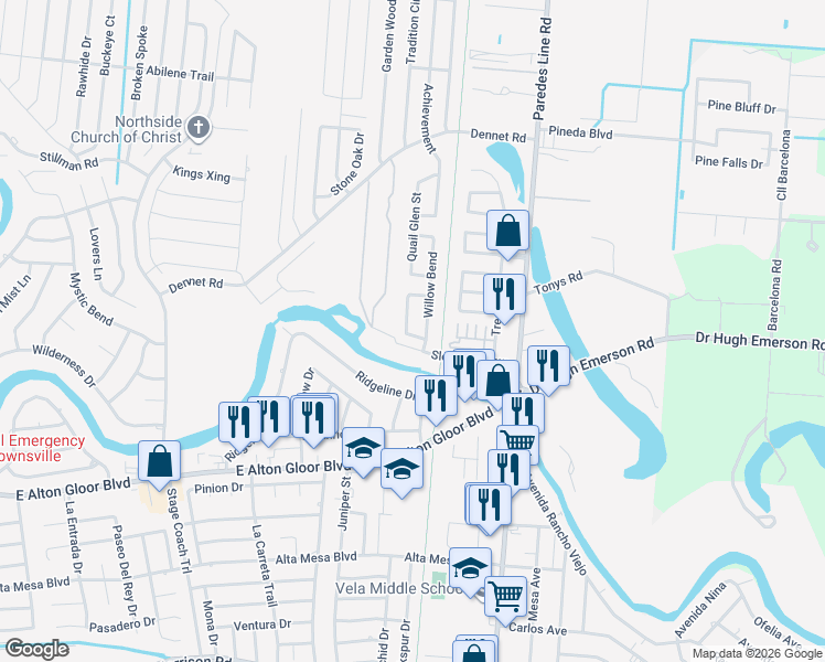 map of restaurants, bars, coffee shops, grocery stores, and more near 5324 Nicholstone Avenue in Brownsville