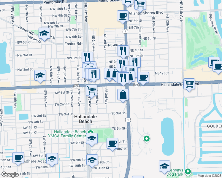 map of restaurants, bars, coffee shops, grocery stores, and more near 41 Southeast 3rd Avenue in Hallandale Beach