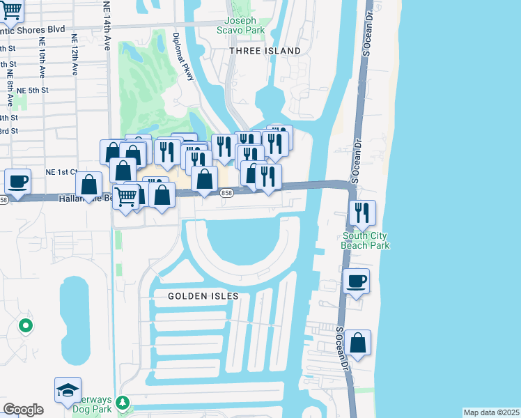 map of restaurants, bars, coffee shops, grocery stores, and more near 2300 Diana Drive in Hallandale Beach