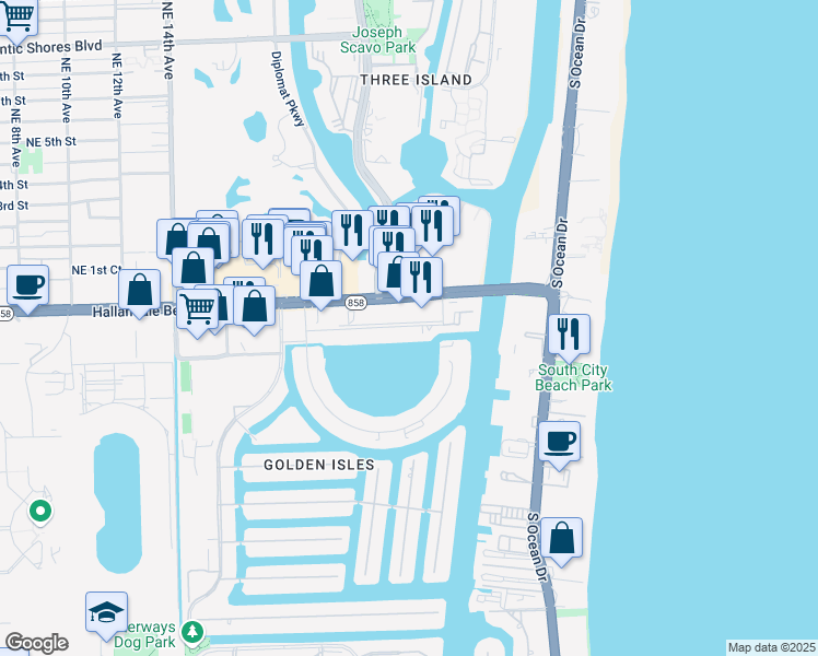 map of restaurants, bars, coffee shops, grocery stores, and more near 2300 Diana Drive in Hallandale Beach