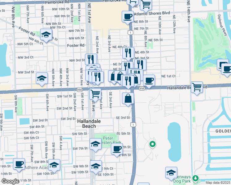 map of restaurants, bars, coffee shops, grocery stores, and more near 41 Southeast 3rd Avenue in Hallandale Beach