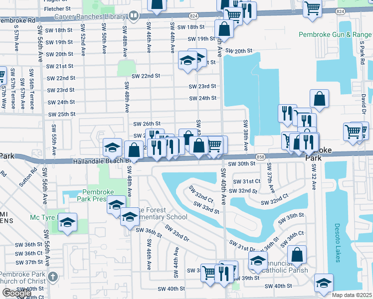 map of restaurants, bars, coffee shops, grocery stores, and more near 4215 West Hallandale Beach Boulevard in West Park