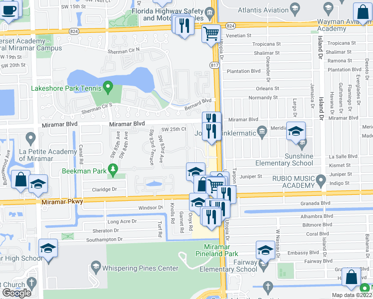 map of restaurants, bars, coffee shops, grocery stores, and more near 2773 Southwest 82nd Avenue in Miramar