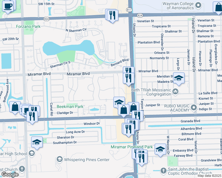 map of restaurants, bars, coffee shops, grocery stores, and more near 2773 Southwest 82nd Avenue in Miramar