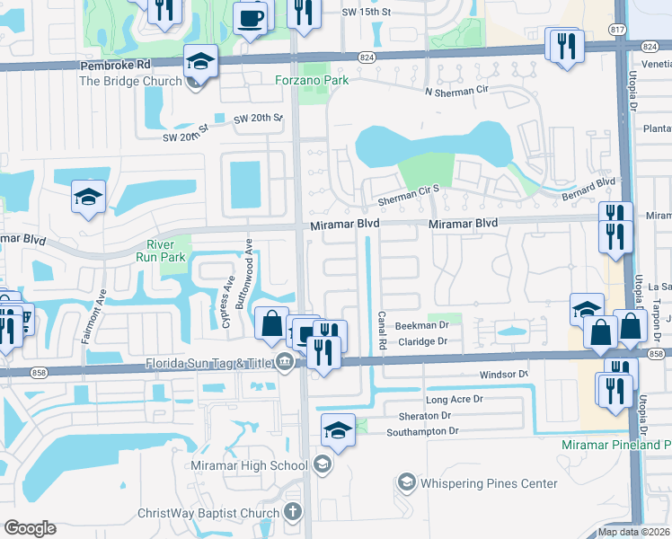 map of restaurants, bars, coffee shops, grocery stores, and more near 8840 South Bermuda Drive in Miramar