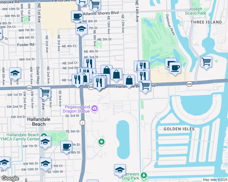 map of restaurants, bars, coffee shops, grocery stores, and more near 1000 East Hallandale Beach Boulevard in Hallandale Beach