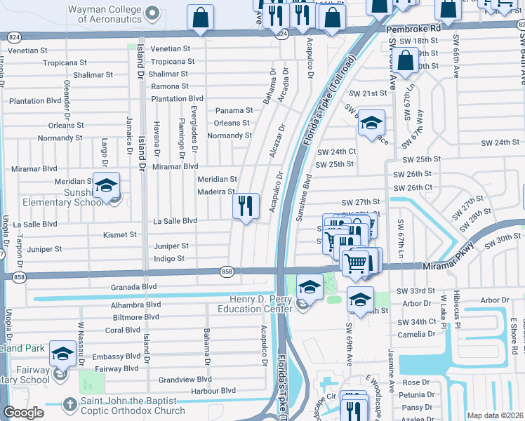 map of restaurants, bars, coffee shops, grocery stores, and more near 2731 Acapulco Drive in Miramar